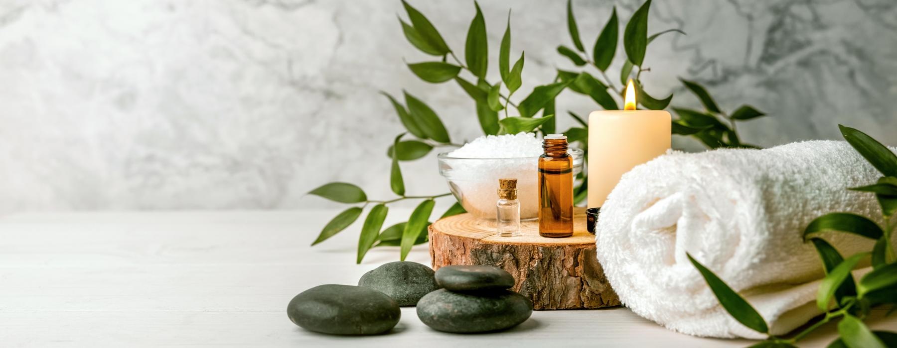 a group of candles and a plant